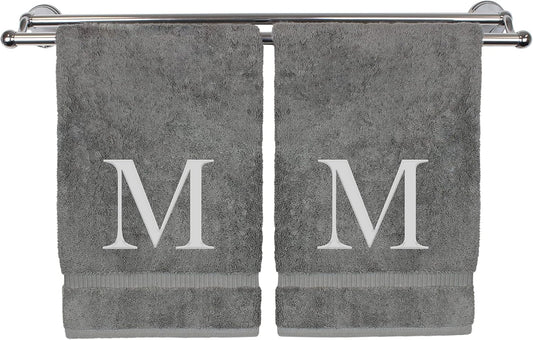 Monogrammed Hand Towel, Personalized Gift, Set of 2- Silver Block Letter Embroidered Towel - Extra Absorbent 100% Turkish Cotton - Soft Terry Finish - Initial M Gray