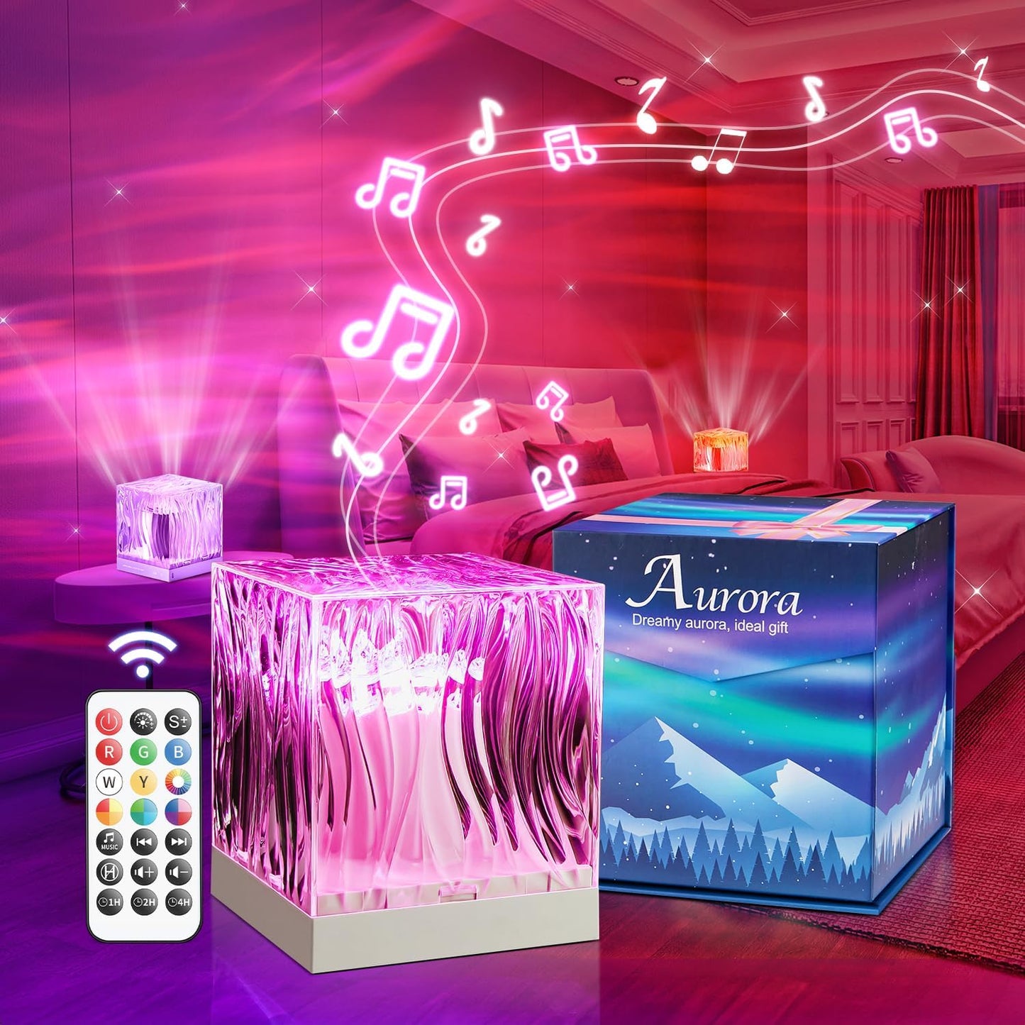 Crystal Lamp for Bedroom, 15 White Noise Machine Room Lights for Bedroom, Bluetooth Music Night Light Projector, RGB Aurora Ocean Light Projector, Remote Dimmable Crystal Table Lamp,Teen Girls Gifts