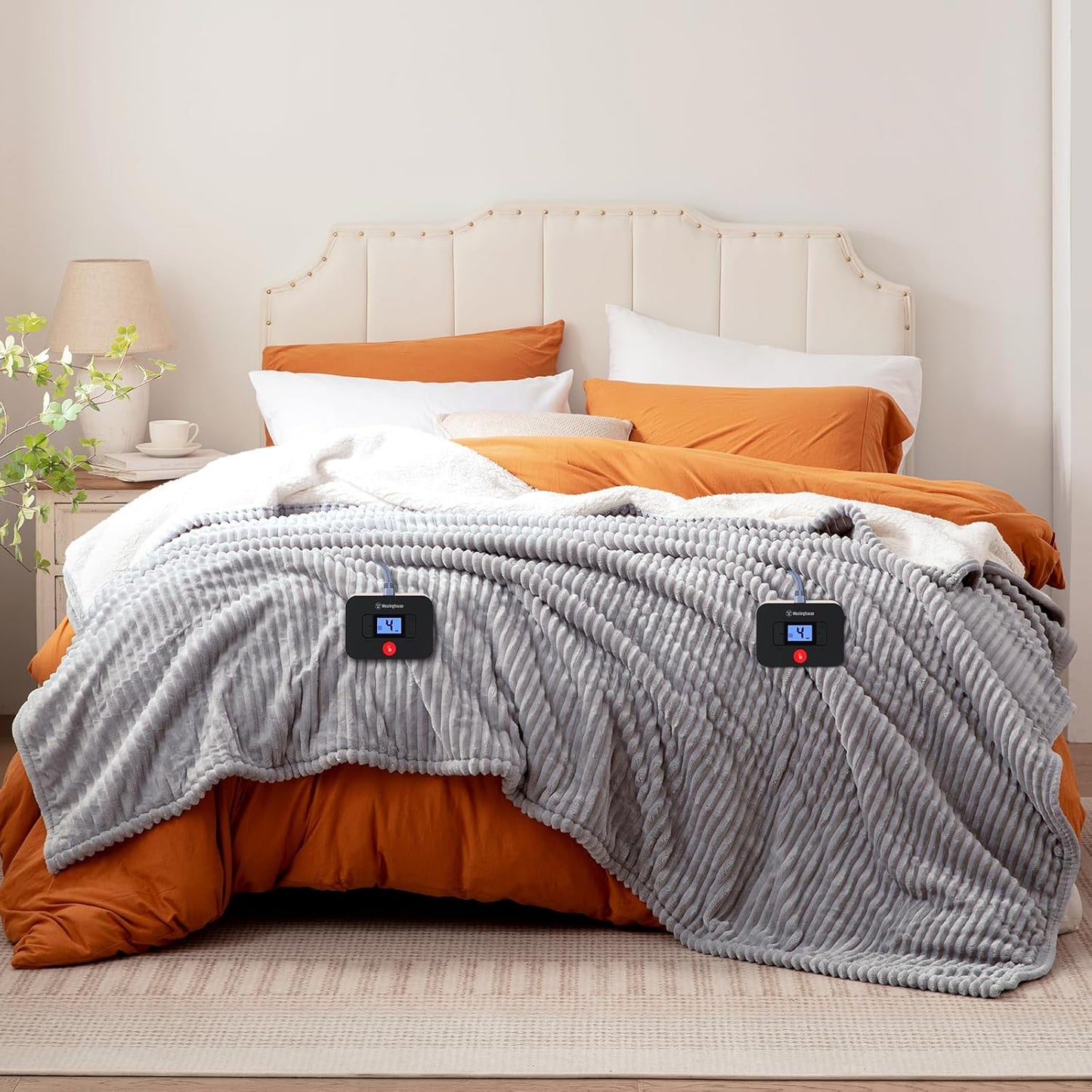 Westinghouse Queen Size Electric Blanket, Flannel to Sherpa Reversible, Heated Blanket Queen with Dual Control 10 Heating Settings & 1-12 Hours Auto Shut Off, Machine Washable, (84" x 90", Light Grey)