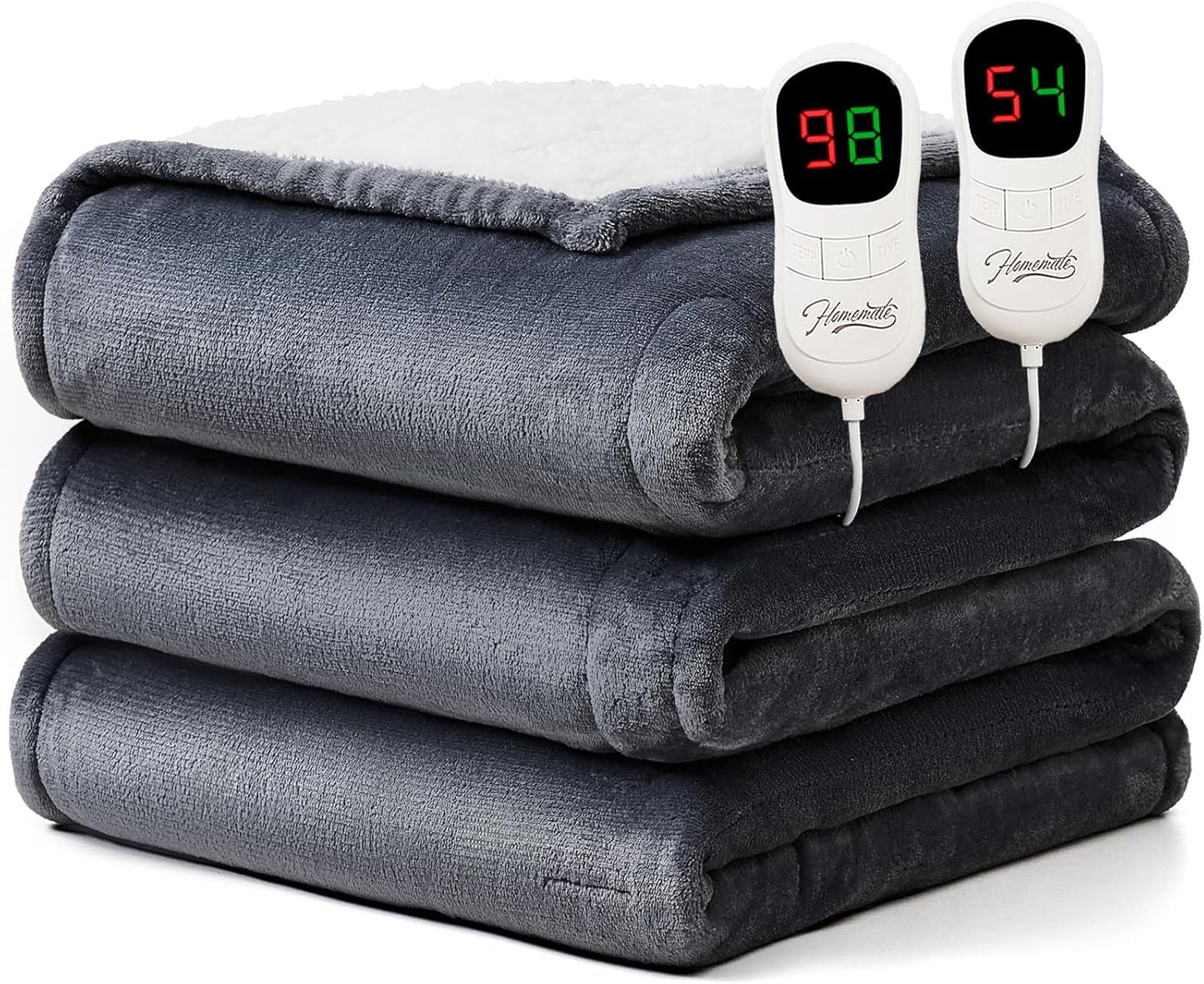 Homemate Electric Heated Blanket King Size - 100"x90" Heating Blanket King Size Dual Control 1/2/4/6/8 Hours Auto-Off 10 Heat Level Over-Heat Protection Flannel Sherpa ETL Certification