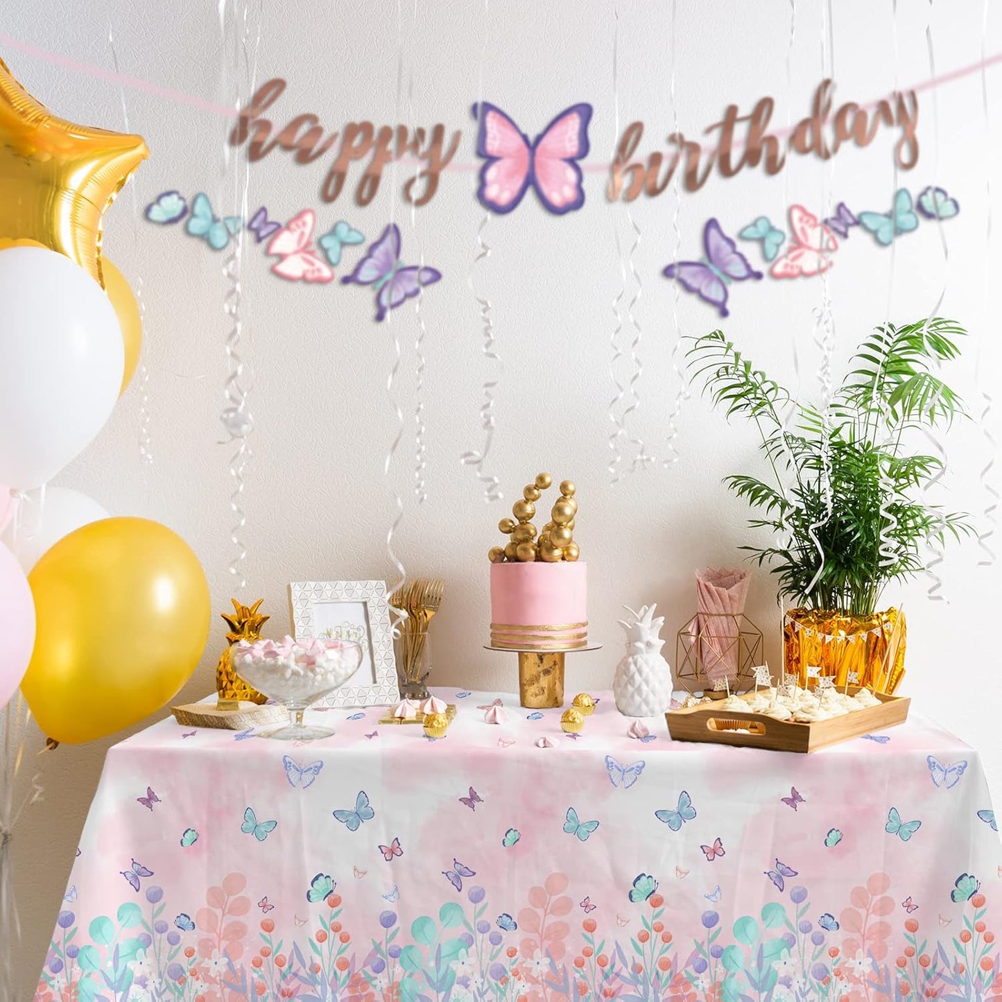 Butterfly Birthday Party Supplies Disposable Paper Plates Napkins Cups Tablecloth and Banner for Butterfly Girl Party Birthday Decorations, Serve 25