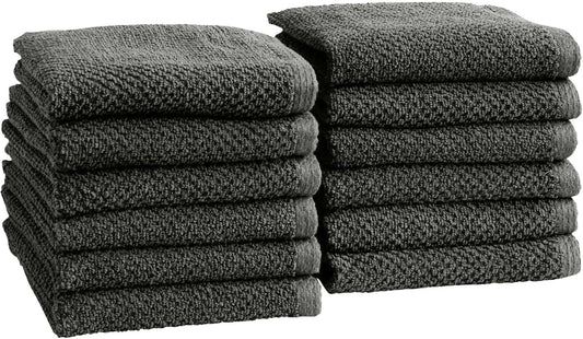 Dark Grey Washcloth- 100% Cotton 12-Pack 13x13 Wash Cloth - Absorbent, Quick-Drying, Durable Face Towels for Bathroom Decor - Low-Twist, Two-Ply Fibers (Midnight)