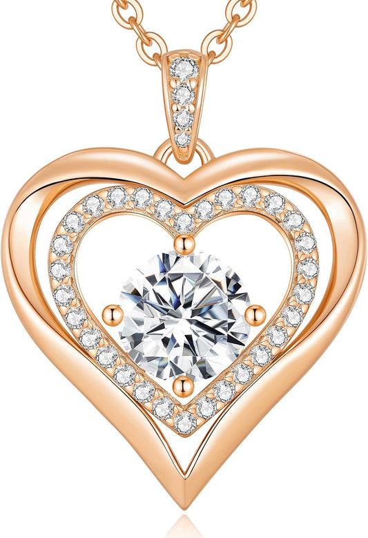 Moissanite Heart Pendant Necklaces for Women, 925 Sterling Silver Gold Plating Lab-Created Gem Necklace Engraved with 'I LOVE YOU', Ideal Anniversary Birthday Christmas Valentine Engagements Mothers Day Jewelry Gifts for Mom Wife Girlfriend Daughter Her