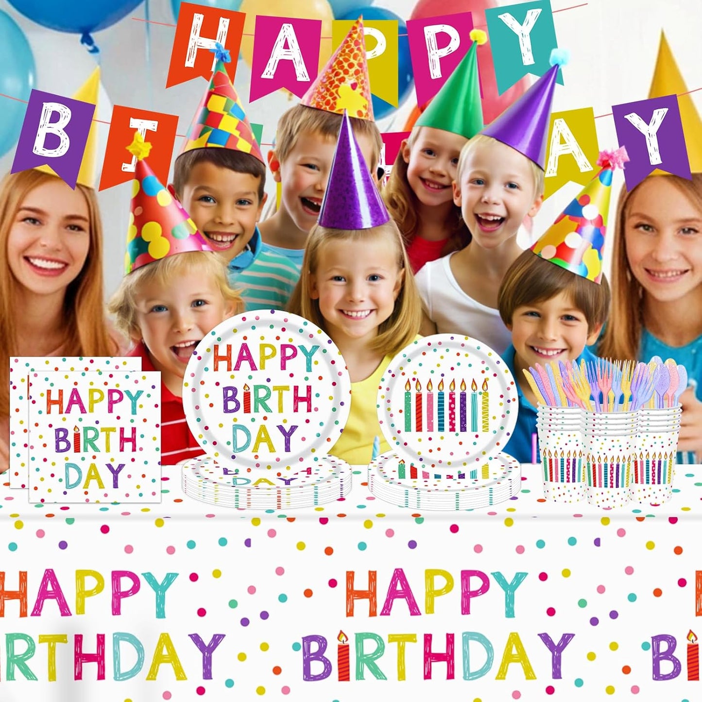 142pcs Happy Birthday Party Supplies Set with Colorful Polka Dots Design- Includes Disposable Paper Birthday Plates and Napkins, Cups, Tablecloth, and Banner，Dots Party Supplies Serves 20 Guests