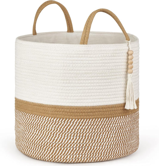 Mkono Woven Storage Basket Decorative Natural Rope Basket Wooden Bead Decoration for Blankets,Toys,Clothes,Shoes,Plant Organizer Bin with Handles Living Room Home Decor, 16"W×13.8"L, White and Brown