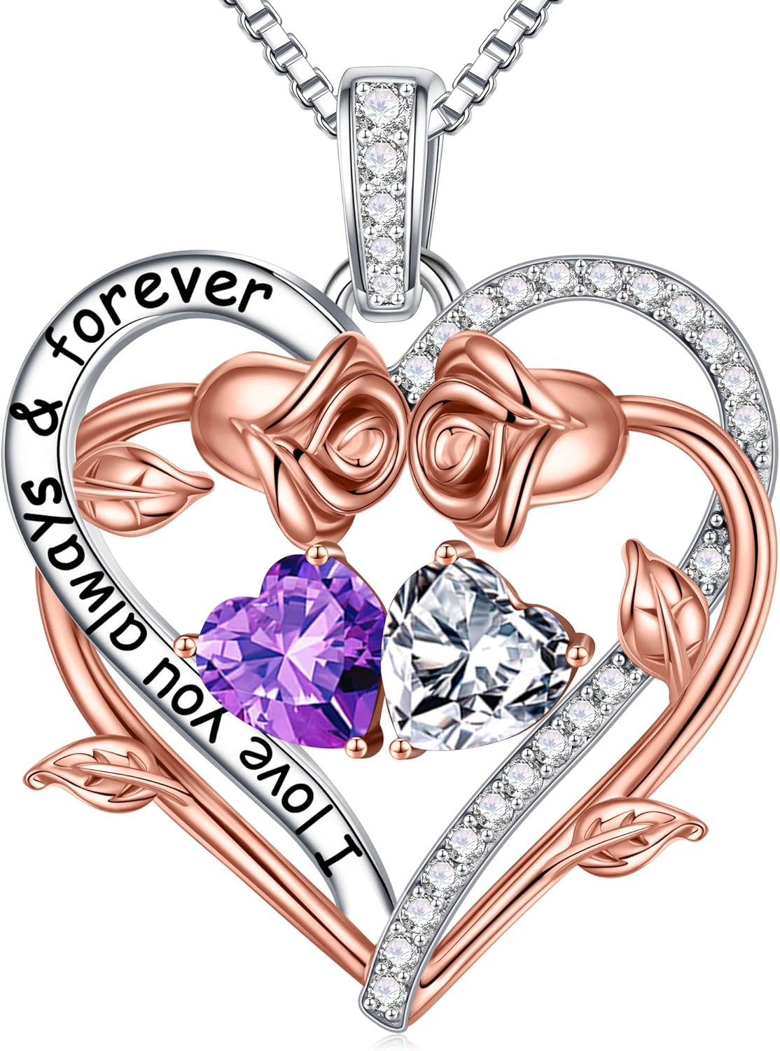 Iefil Rose Heart Double Birthstone Necklace Gifts for Wife Her Mom Women, Birthstone Jewelry Gemstone Birthday Gifts for Girlfriend Grandma Her Wife Women