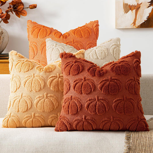 MIULEE Fall Pumpkin Pillow Covers 18x18 Inch Set of 4 - Soft Cozy Plush Decorative Pillows with Embroidered Pumpkin Pattern Autumn Halloween Holiday Decor for Sofa Couch Bed Living Room,Rust-Beige
