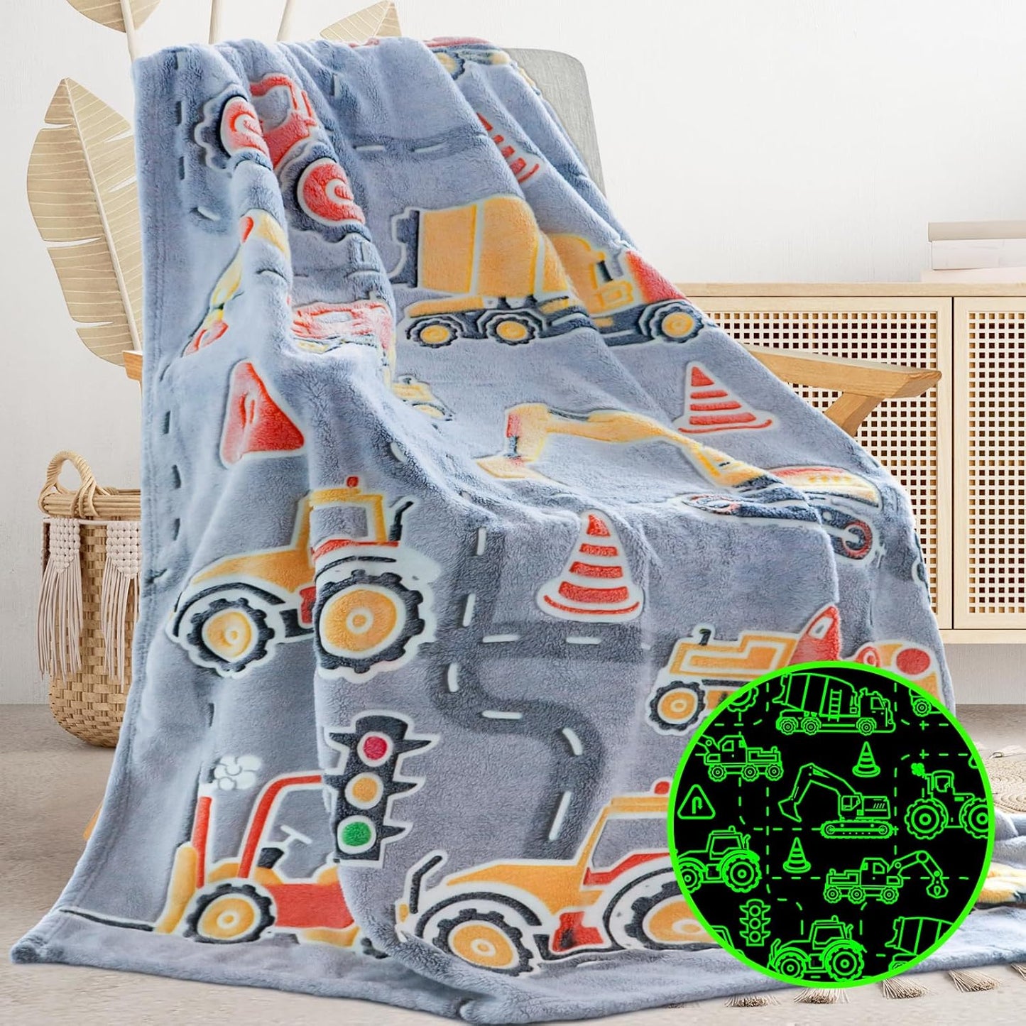 Glow in The Dark Blanket Boys Gifts for Kids Fuzzy Cozy Warm Soft Fleece Glowing Tractor Blankets for Bed Sofa Couch Unique Gifts Construction Truck Throw Blanket for Boys Teens 50"×60"