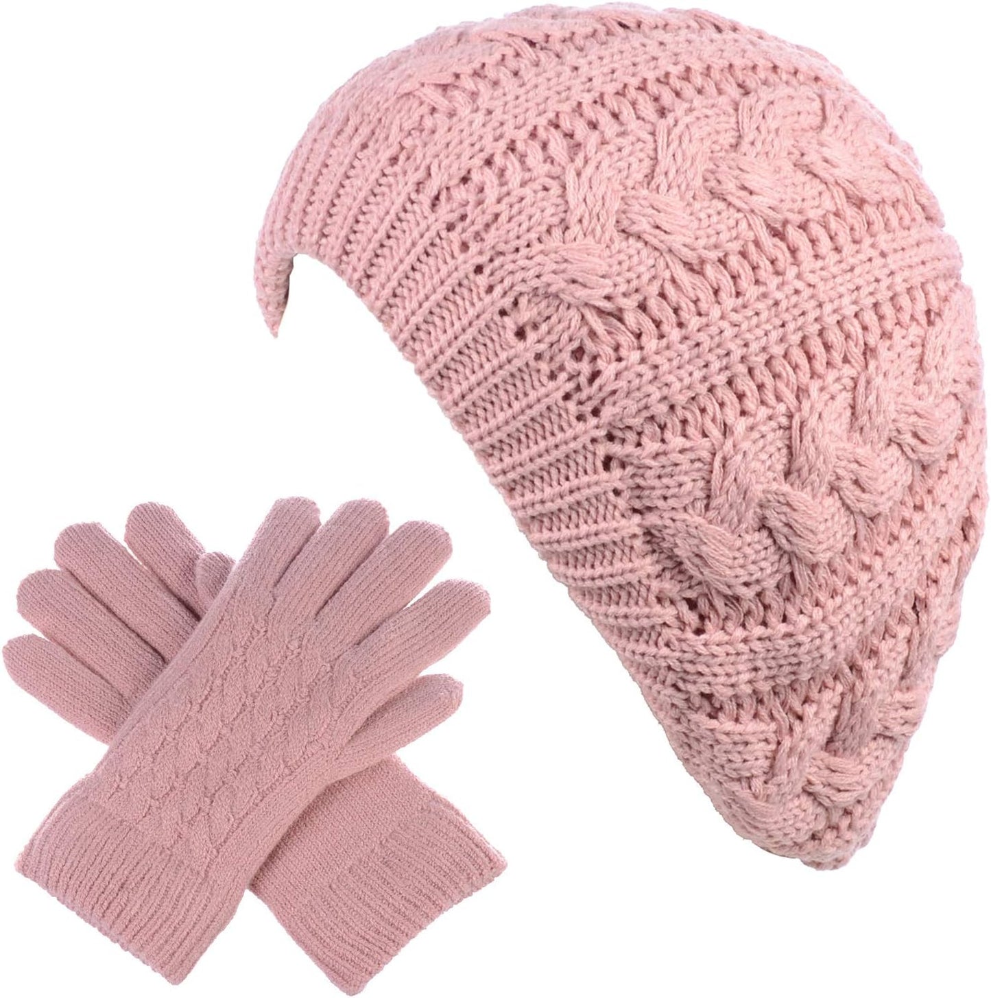 BYOS Womens Winter Cozy Cable Fleece Lined Knit Beret Beanie Hat (Set Available)