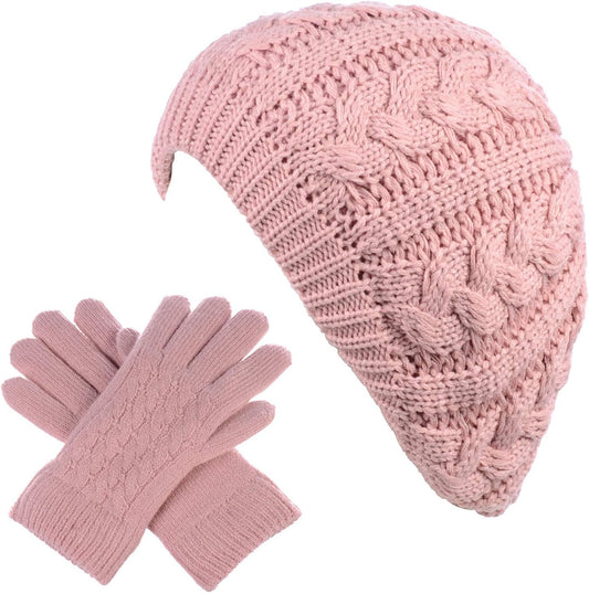 BYOS Womens Winter Cozy Cable Fleece Lined Knit Beret Beanie Hat (Set Available)
