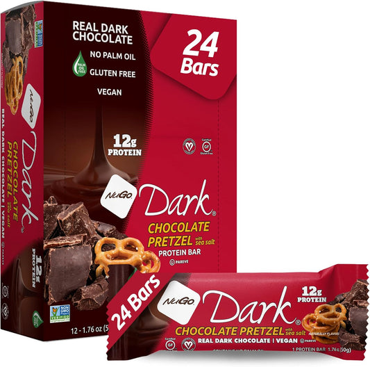 NuGo Dark Chocolate Pretzel and Sea Salt, 12g Protein Bar, Vegan, Gluten Free, Non-GMO, Kosher Pareve, 24 Count