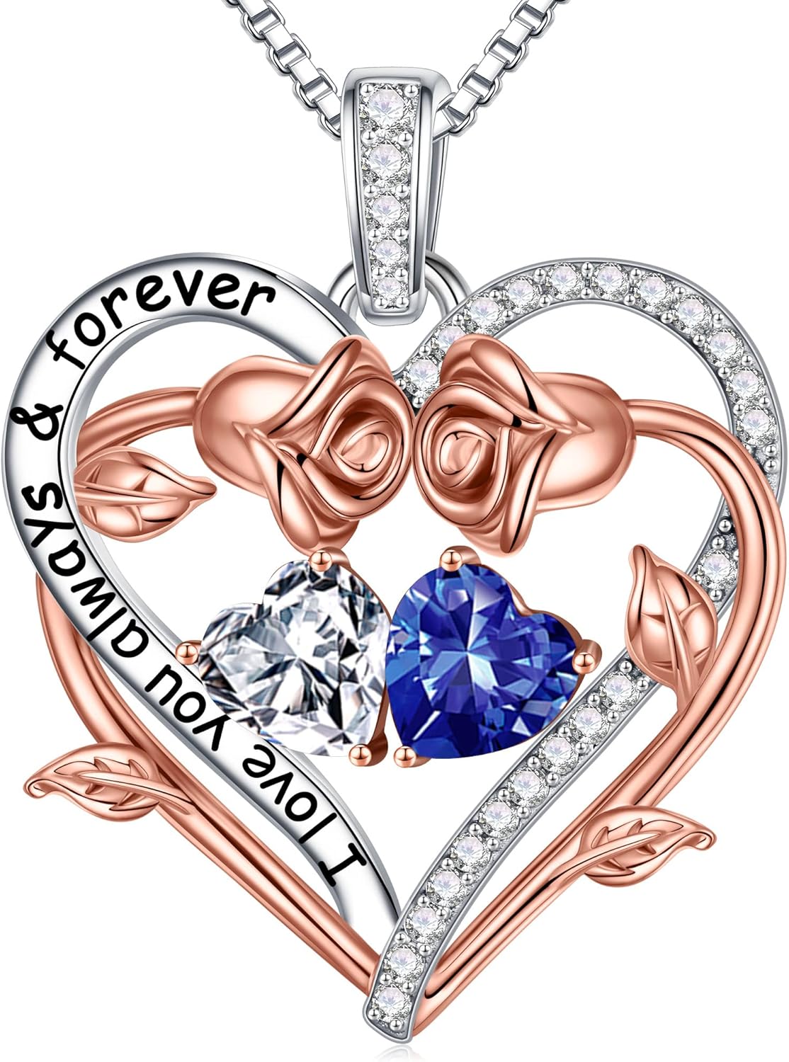 Iefil Rose Heart Double Birthstone Necklace Gifts for Wife Her Mom Women, Birthstone Jewelry Gemstone Birthday Gifts for Girlfriend Grandma Her Wife Women