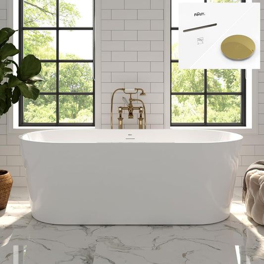 FerdY Shangri-La 67" Acrylic Freestanding Bathtub, Classic Oval Shape Acrylic Soaking Bathtub with Polished Gold Drain & Minimalist Linear Design Overflow, Modern White, cUPC Certified