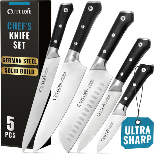 Cutluxe Kitchen Knives, 5 Pcs Chef's Knife Set – Razor Sharp German Steel, Full Tang, Ergonomic Handles – Artisan Series