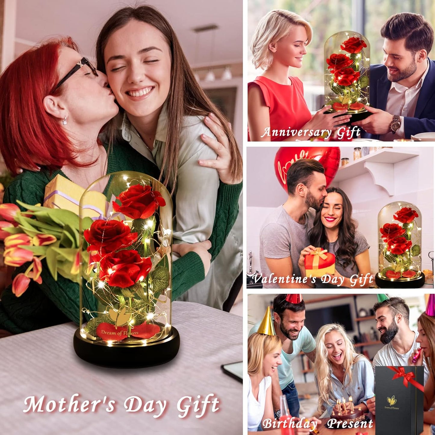 ﻿Women Gift Idea Birthday,Unique Gifts for Mom,Beauty and The Beast Rose in Glass Dome with 2 Lights Mode, Birthday Gifts for her,Anniversary Rose Gifts for Wife,Red Silk Rose Flower Gifts for Women
