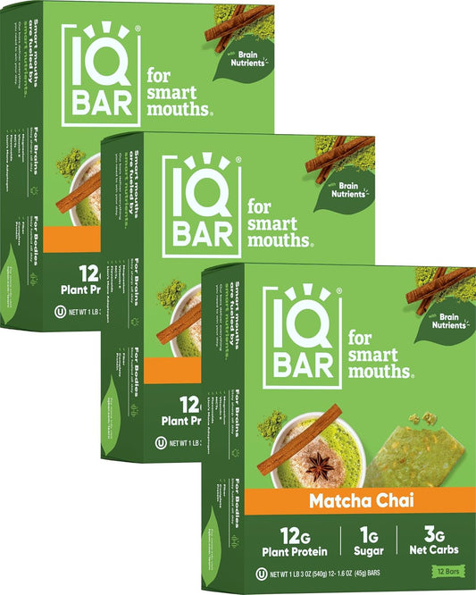 IQBAR Brain and Body Plant Protein Bars - Matcha Chai - 36-Count Low Carb - Gluten Free, High Fiber, Vegan Snacks - Low Sugar Meal Replacement