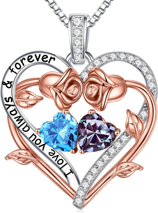 Iefil Rose Heart Double Birthstone Necklace Gifts for Wife Her Mom Women, Birthstone Jewelry Gemstone Birthday Gifts for Girlfriend Grandma Her Wife Women