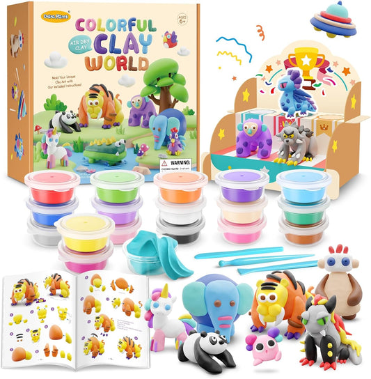 Drama Planet Air Dry Clay Kit for Kids - Comes with Instructional Guide Featuring 4 Scenes & 26 Projects Tutorials, 18 Cans of Modeling Clay, Includes Display Stand, Gift for Girls and Boys