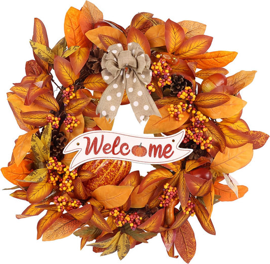 Fall Wreaths for Front Door Outside Decor, 20" White Pumpkin Berry Orange Leaves Pinecone Wreath Decorations with Bow and Hanging Sign for Thanksgiving Home Outdoor Indoor Porch Harvest Autumn