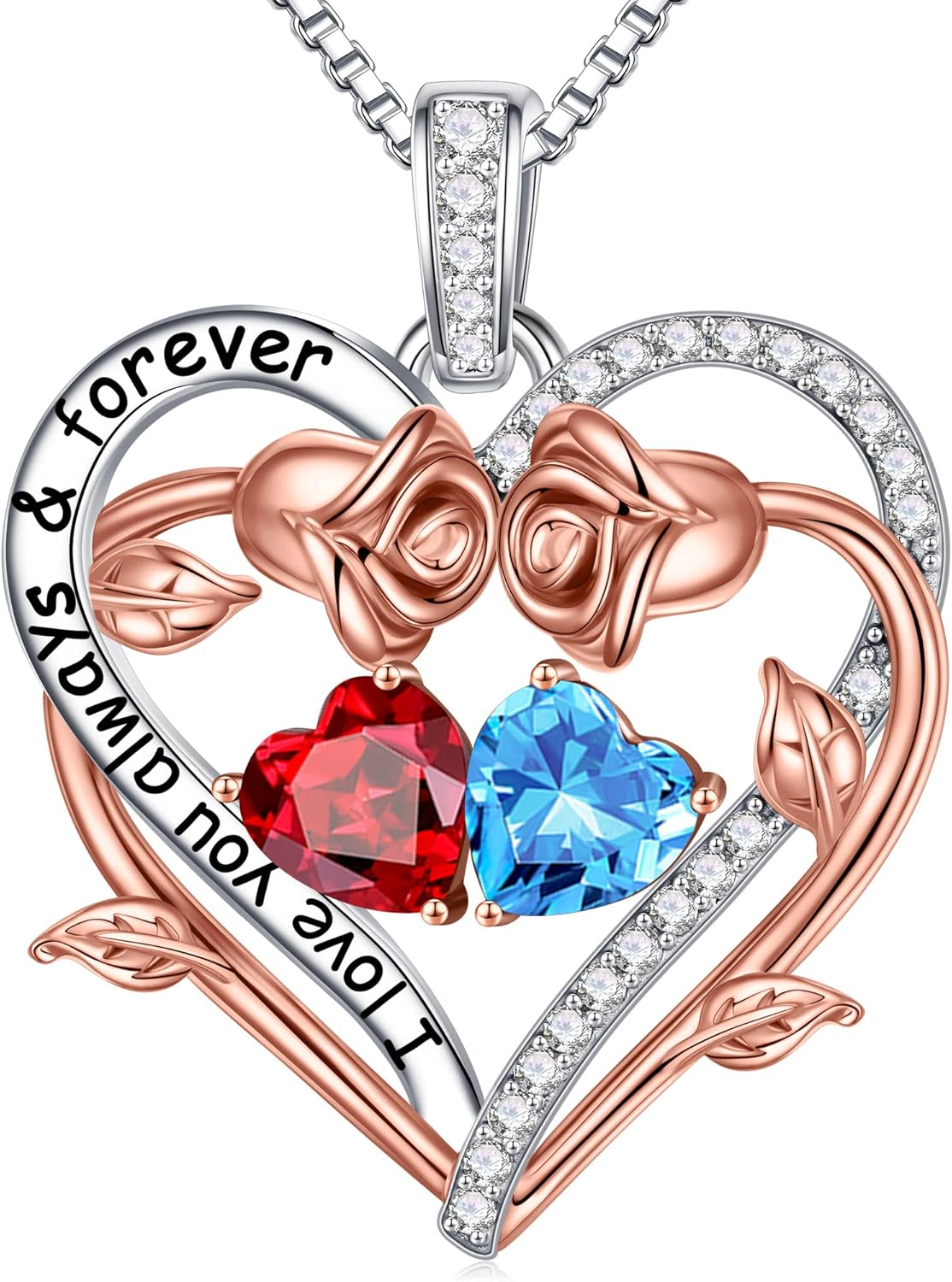 Iefil Rose Heart Double Birthstone Necklace Gifts for Wife Her Mom Women, Birthstone Jewelry Gemstone Birthday Gifts for Girlfriend Grandma Her Wife Women