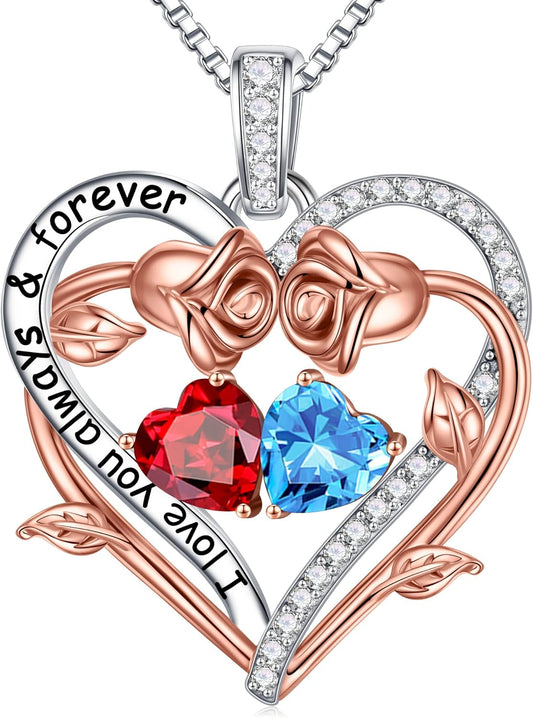 Iefil Rose Heart Double Birthstone Necklace Gifts for Wife Her Mom Women, Birthstone Jewelry Gemstone Birthday Gifts for Girlfriend Grandma Her Wife Women
