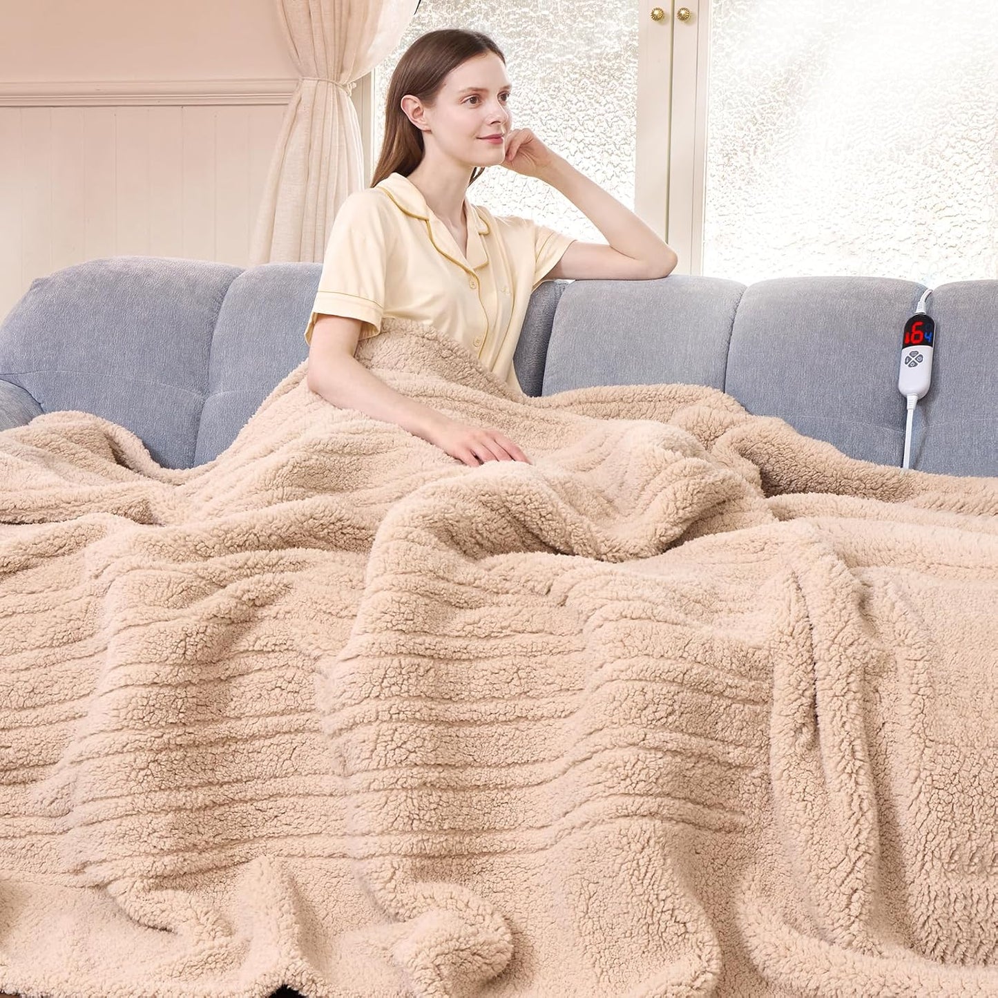 Heated Blanket Full Size 72"X84" Beige - Soft Double Sided Sherpa Electric Blanket Full Size with LED Display, 6 Heating Levels & 10 hrs Timer, Machine Washable & Fast Heating, Gift for Women