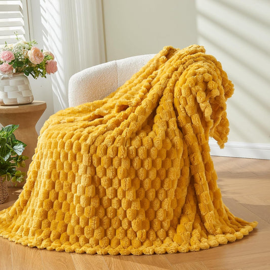NEWCOSPLAY Super Soft Twin Blanket Mustard Yellow Premium Silky Flannel Fleece 3D Clouds Stylish Jacquard Lightweight Bed Blanket All Season Use 350GSM (Mustard Yellow, Twin(60"x80"))
