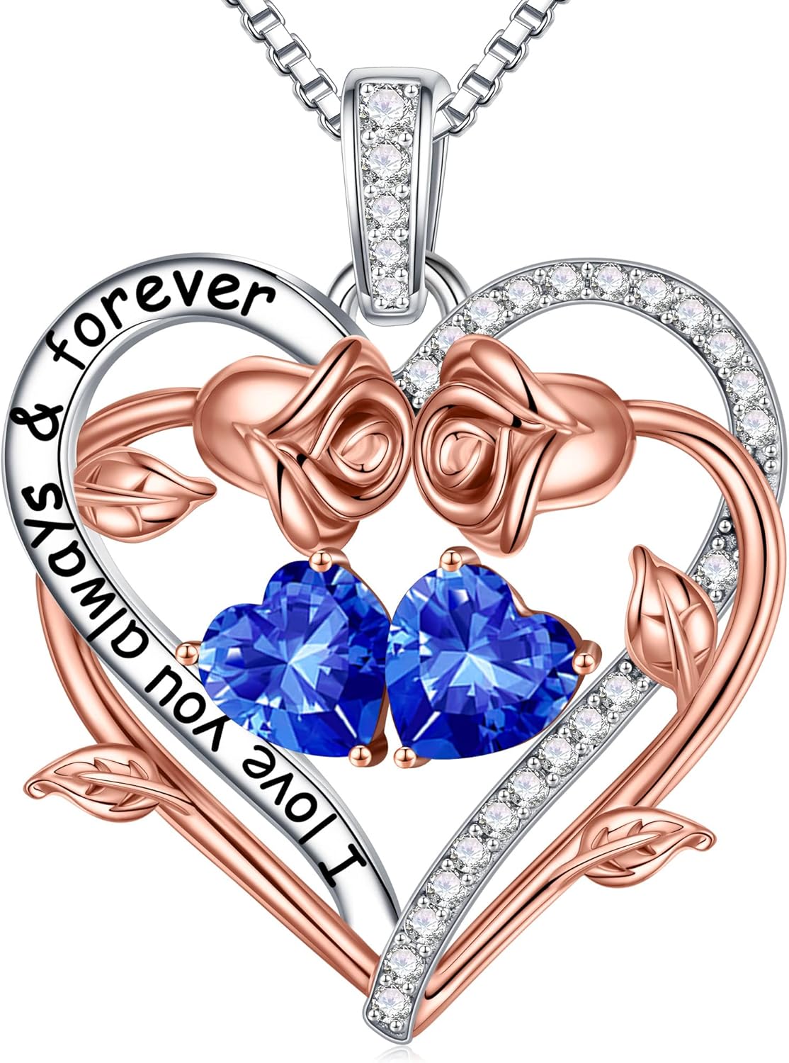 Iefil Rose Heart Double Birthstone Necklace Gifts for Wife Her Mom Women, Birthstone Jewelry Gemstone Birthday Gifts for Girlfriend Grandma Her Wife Women