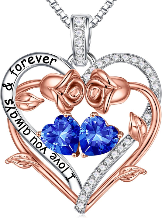 Iefil Rose Heart Double Birthstone Necklace Gifts for Wife Her Mom Women, Birthstone Jewelry Gemstone Birthday Gifts for Girlfriend Grandma Her Wife Women