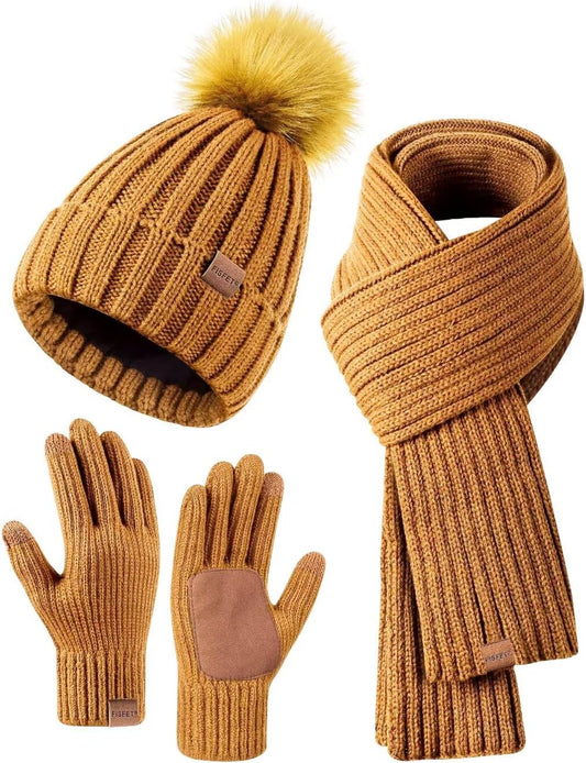 Winter Beanie Hat Scarf Gloves Set for Women, Womens Beanie with Pom Pom Long Scarf Neck Warmer Touchscreen Gloves 3 in 1 Set