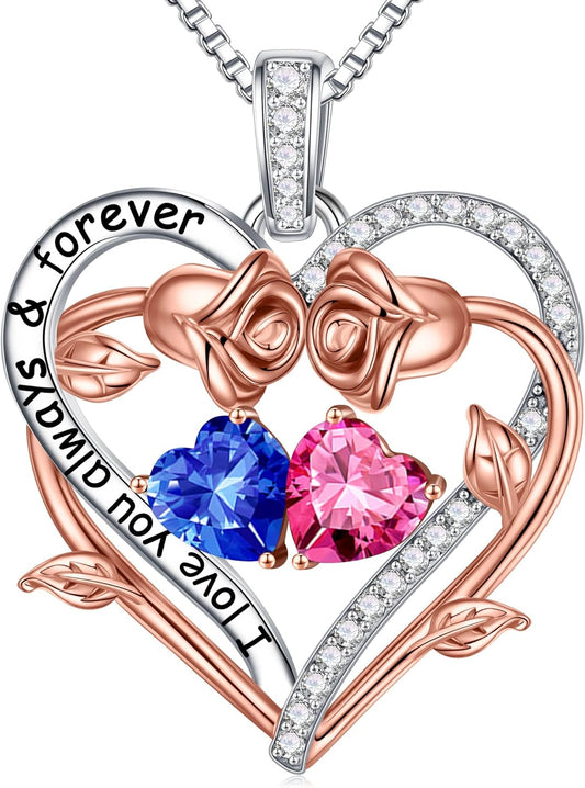 Iefil Rose Heart Double Birthstone Necklace Gifts for Wife Her Mom Women, Birthstone Jewelry Gemstone Birthday Gifts for Girlfriend Grandma Her Wife Women