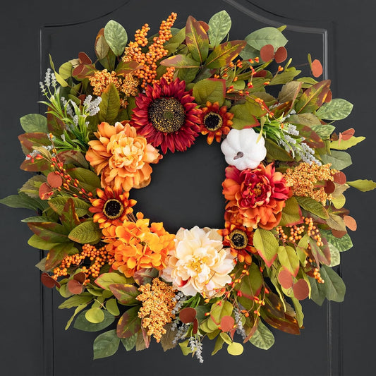 Fall Wreaths for Front Door Outside 23 Inch Fall Wreath with Peonies, Sunflowers & Pumpkins – Outdoor Autumn Wreath for Thanksgiving Halloween & Harvest Decor