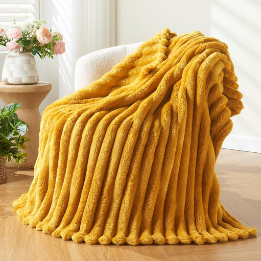 NEWCOSPLAY Super Soft Twin Blanket Mustard Yellow Premium Silky Flannel Fleece 3D Ribbed Jacquard Lightweight Bed Blanket All Season Use (Mustard Yellow Ribbed, Twin(60"x80"))