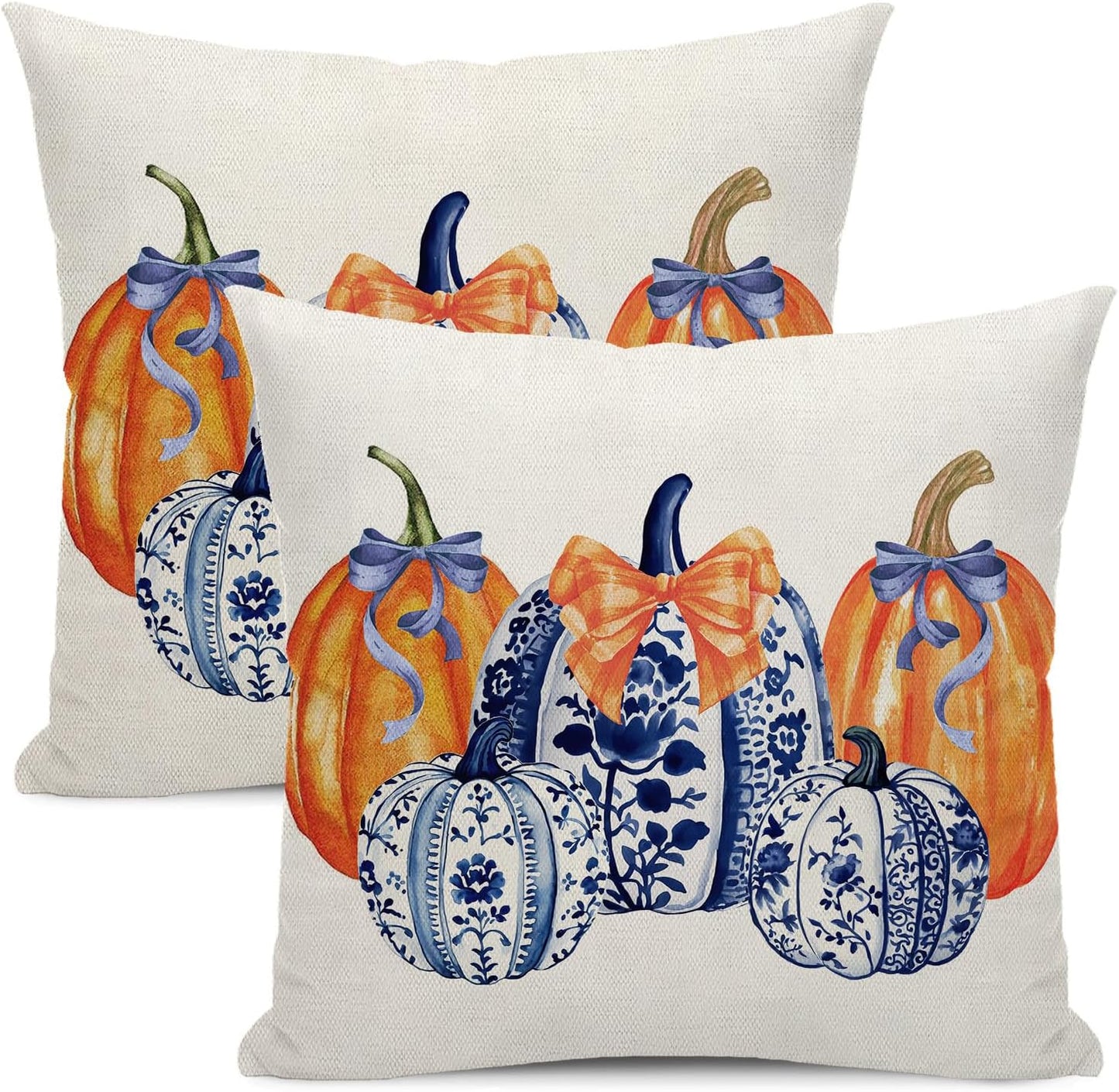 Fall Decor Pillow Covers 18x18 Pack of 2 Orange Blue Pumpkin Throw Pillow Covers Outdoor Decoration,Autumn Holiday Pumpkin Pillowcase Farmhouse Linen Decorative Cushion Case for Sofa Couch