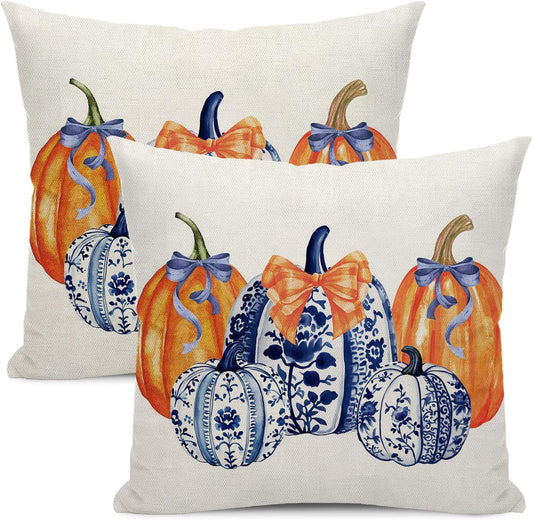 Fall Decor Pillow Covers 18x18 Pack of 2 Orange Blue Pumpkin Throw Pillow Covers Outdoor Decoration,Autumn Holiday Pumpkin Pillowcase Farmhouse Linen Decorative Cushion Case for Sofa Couch