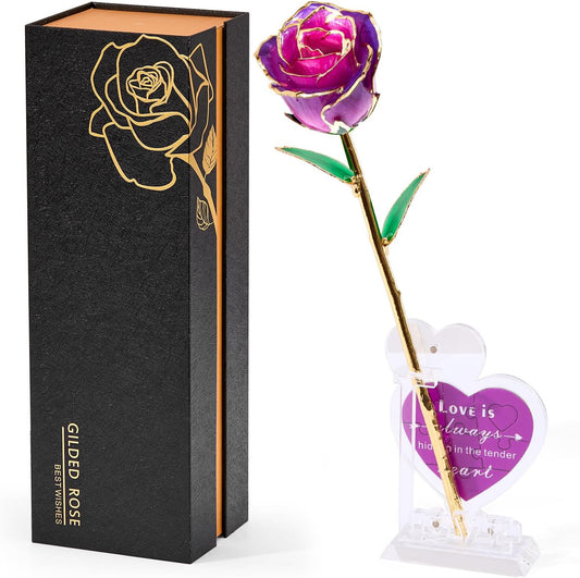Mikasol Real 24K Gold Dipped Realistic Rose – Timeless Lifelike Bloom with Heart Puzzle Base – Romantic Purple Flower Gift for Her, Wife, Girlfriend, Mom – Birthday, Anniversary, Mother’s Day (Purple)
