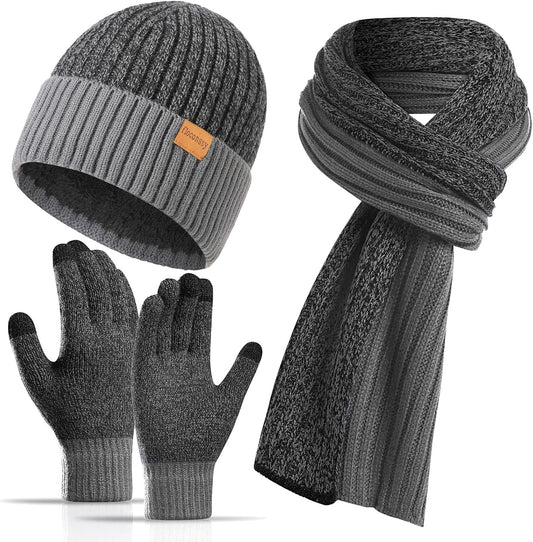 Men's Winter Hat Scarf Gloves Set, 3 PCS Warm Beanie Long Scarf Fleece Lined Touchscreen Gloves for Cold Weather