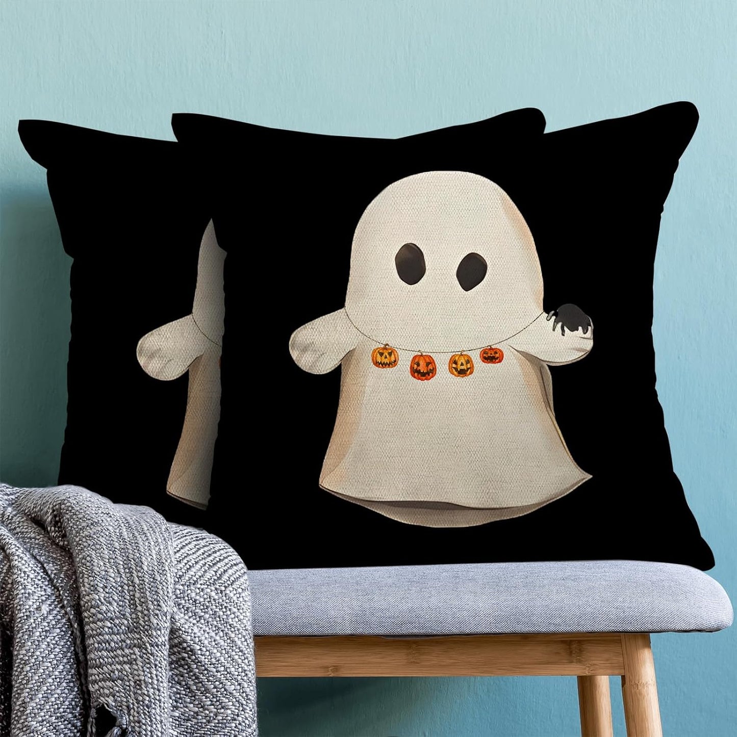 Halloween Pillow Covers 18x18 Set of 2 Cute Ghost Pumpkin Black Throw Pillow Covers Outdoor Decoration Autumn Decor Ghost Pillowcase Farmhouse Decorative Linen Cushion Case for Home Sofa Couch