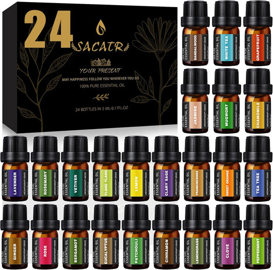 24 Bottles Essential Oil Set - Natural Essential Oils - Perfect for Diffuser, Massage, DIY Candle and Soap Making (5ml)