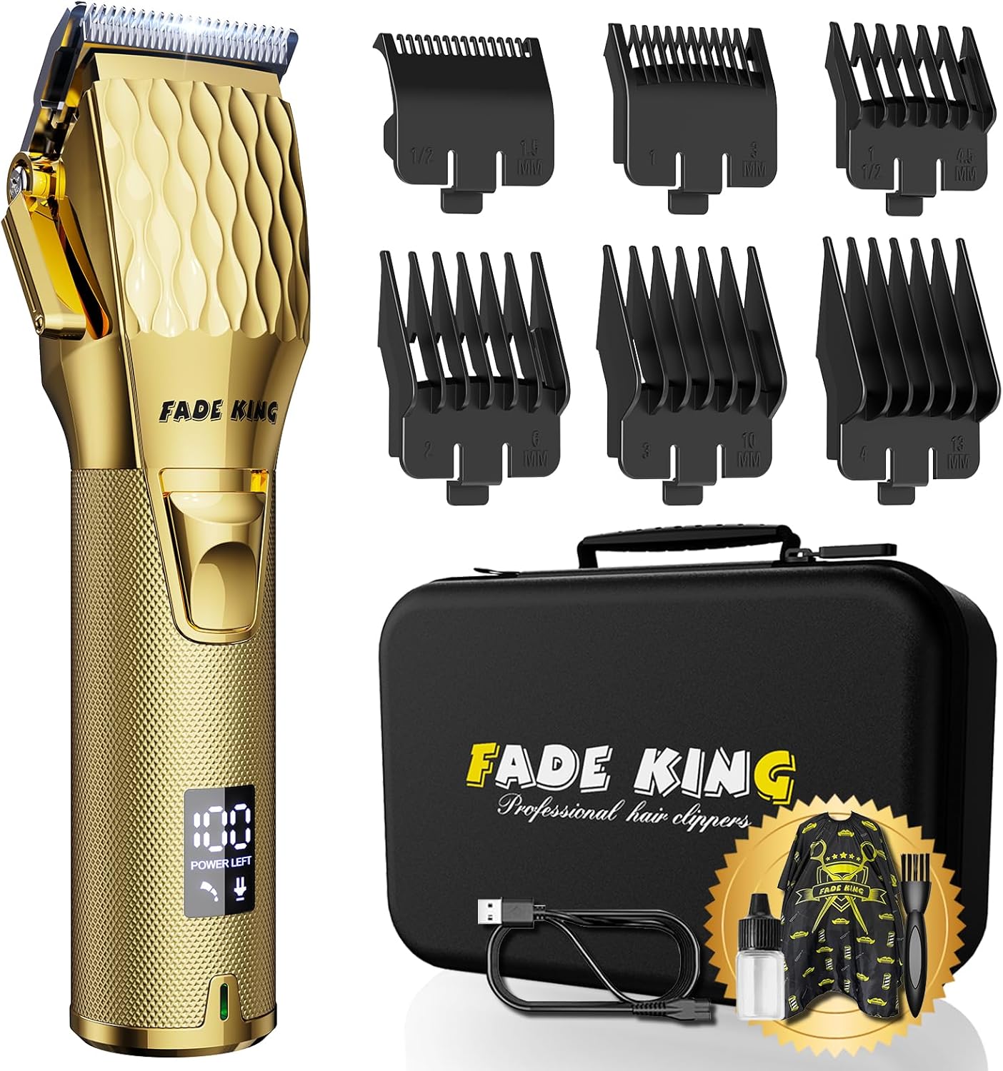 FADEKING® Professional Hair Clippers for Men - Cordless Barber Clippers for Hair Cutting, Rechargeable Hair Beard Trimmer with LED Display & Quality Travel Storage Case (Gold)