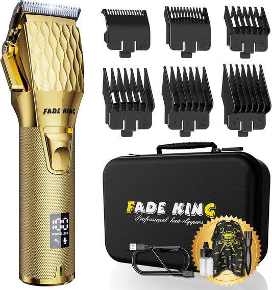 FADEKING® Professional Hair Clippers for Men - Cordless Barber Clippers for Hair Cutting, Rechargeable Hair Beard Trimmer with LED Display & Quality Travel Storage Case (Gold)