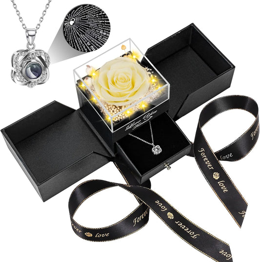 Preserved Lemon Yellow Real Rose with Heart I Love You Necklace -Eternal Flowers Rose Birthday Gifts for Women Her Mom Wife Girlfriend Grandma on Valentines Mothers Day Christmas Anniversary Romantic