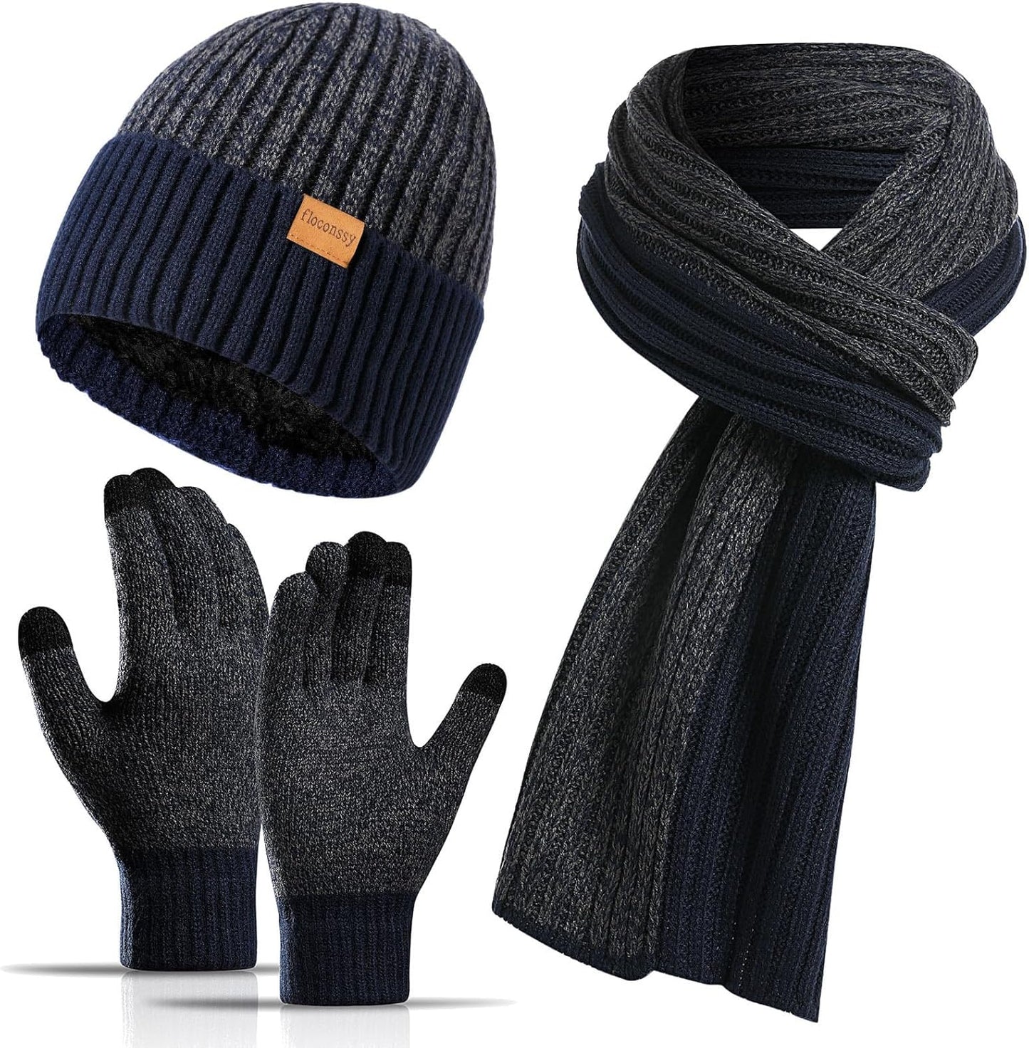 Men's Winter Hat Scarf Gloves Set, 3 PCS Warm Beanie Long Scarf Fleece Lined Touchscreen Gloves for Cold Weather