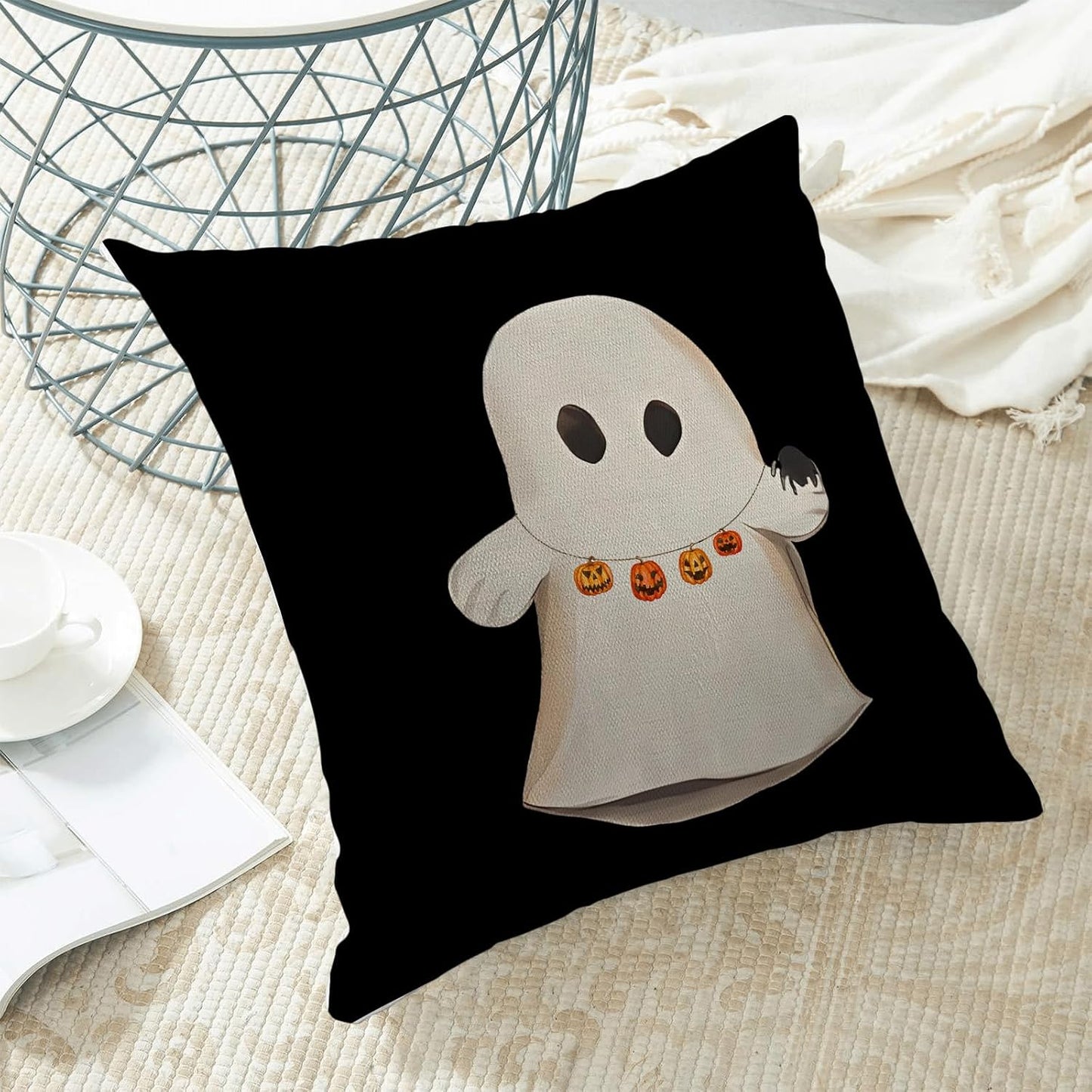 Halloween Pillow Covers 18x18 Set of 2 Cute Ghost Pumpkin Black Throw Pillow Covers Outdoor Decoration Autumn Decor Ghost Pillowcase Farmhouse Decorative Linen Cushion Case for Home Sofa Couch