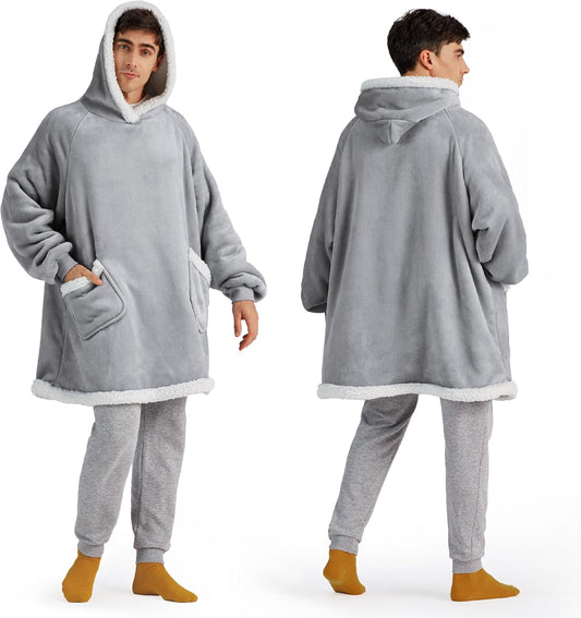 Bedsure Blanket Hoodie, Wearable Blanket for Adults & Kids as Gifts for Women Men, Birthday Gifts for Women Mom Girl Sherpa Oversized Hoodie, Grey, Oversize
