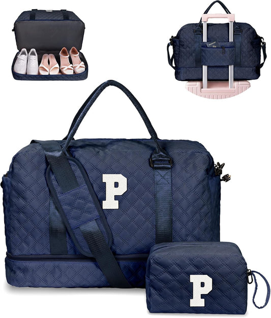 Gifts for Grandma-Initial Duffle Bag with Shoe Compartment, Personalized Weekender Bag, Monogram Overnight Bag, Letter Travel Bag with Makeup Bag，Daughter Friend Gifts (Letter P), Navy Blue