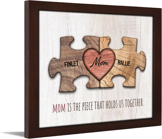 Personal-Prints MOM & Children Personalized HEART Puzzle Wall Art | Unique Customized with up to 8 Names | Mother’s Day, Birthday or Christmas Gift (13"x16" Framed Paper Print, 2 Children)