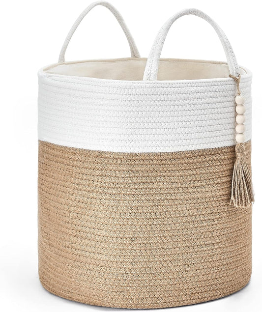Mkono Woven Storage Basket Decorative Rope Basket Wooden Bead Decoration for Blankets,Toys,Clothes,Shoes,Plant Organizer Bin with Handles Living Room Home Decor, 15"Wx17.7"L,White and Yellow