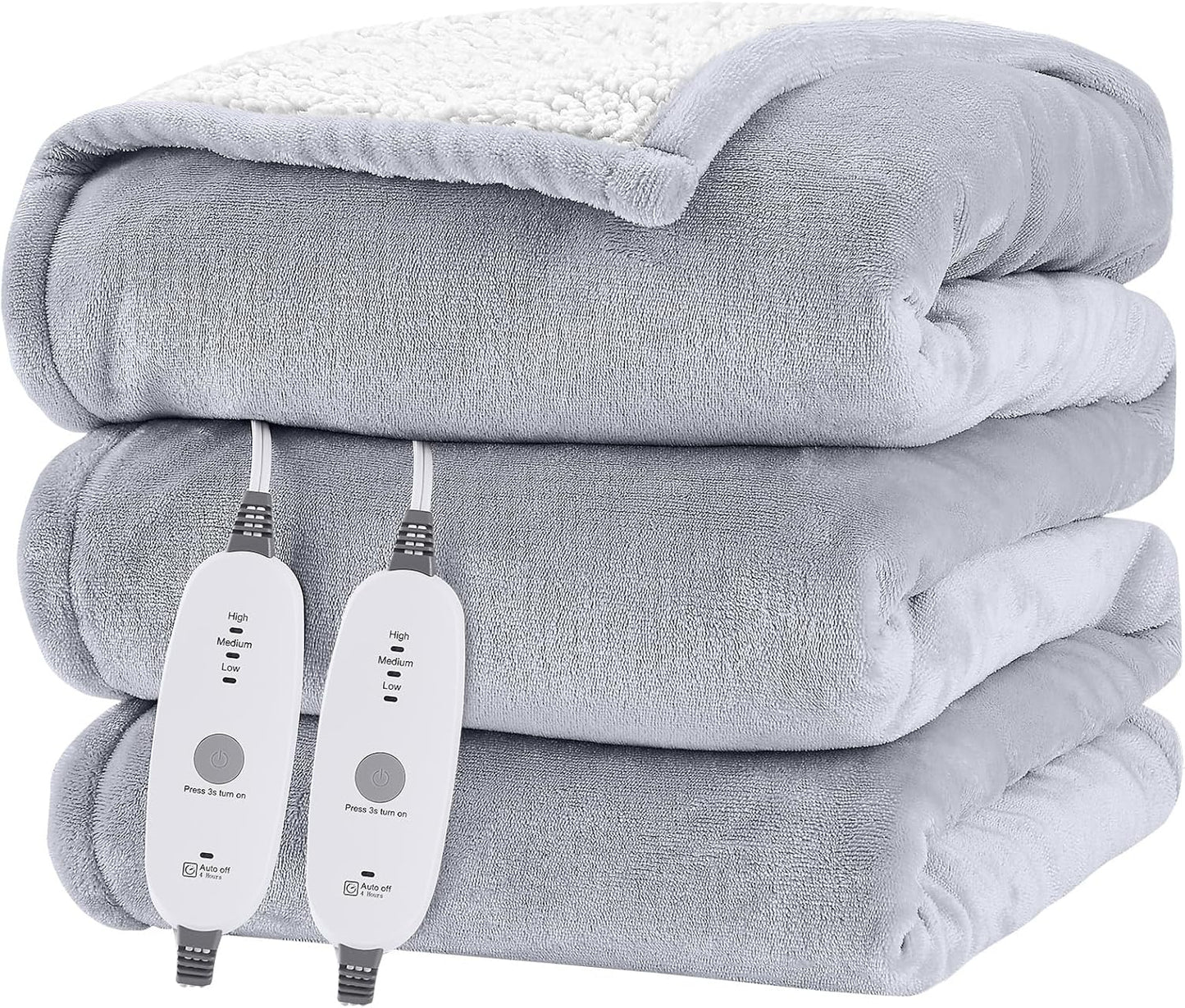 HYLEORY Heated Throw Blanket Flannel Electric Blanket Throw with 4 hrs Timer Auto-Off & 3 Heating Levels Sherpa Heated Blankets with Overheating Protection,84"x90",Light Grey