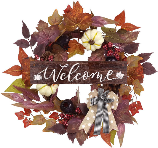 Fall Wreaths for Front Door Outside Decor, 20" Berries Brown Maple Leaves Pumpkins Wreath Decorations with Bow and Hanging Sign for Thanksgiving Home Outdoor Indoor Porch Harvest Autumn